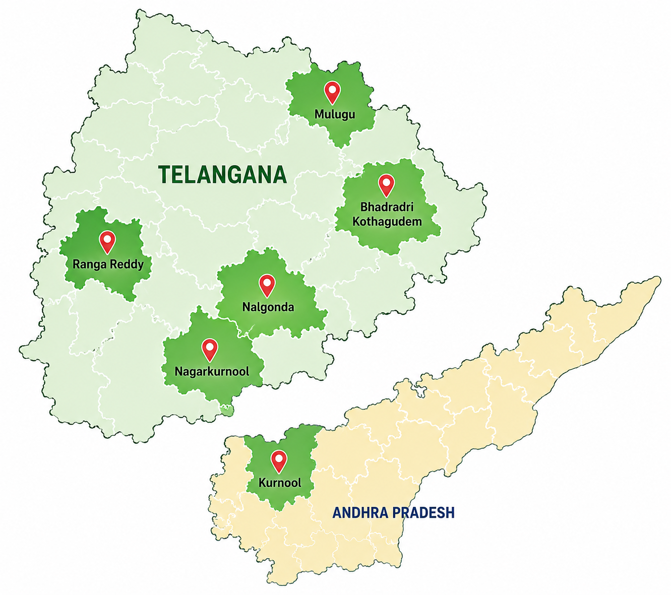 Map highlighting CONARE's work areas in Telangana and Andhra Pradesh