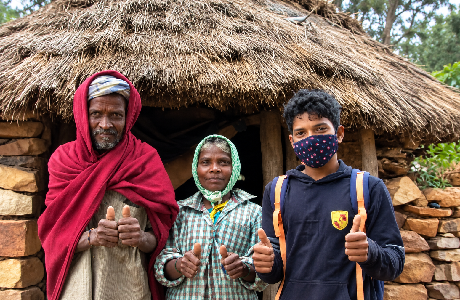 Three community members outside a stone and thatch home, giving a thumbs up